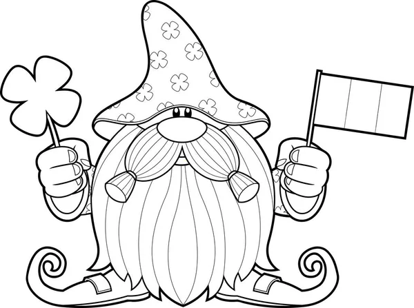 Patrick Day Gnome Cartoon Character Holding Clover Flag Ireland Vector — Stock Vector