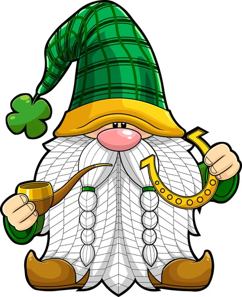 Patrick Day Gnome Cartoon Character Holds Pipe Golden Horseshoe Hand — Vector de stock