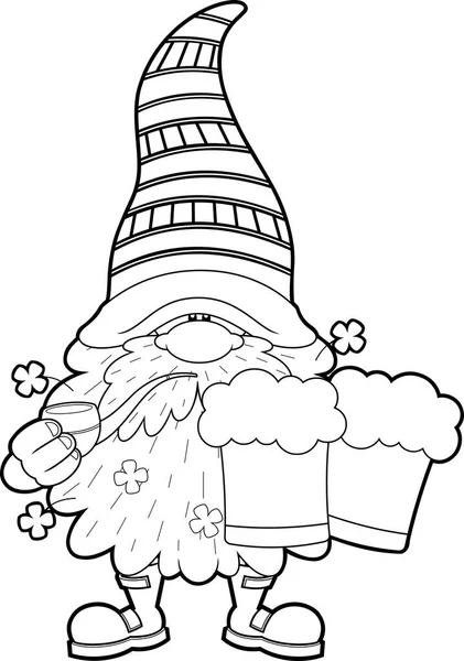 Patrick Day Gnome Cartoon Character Holds Pipe Mug Beer Hand — Stockvektor