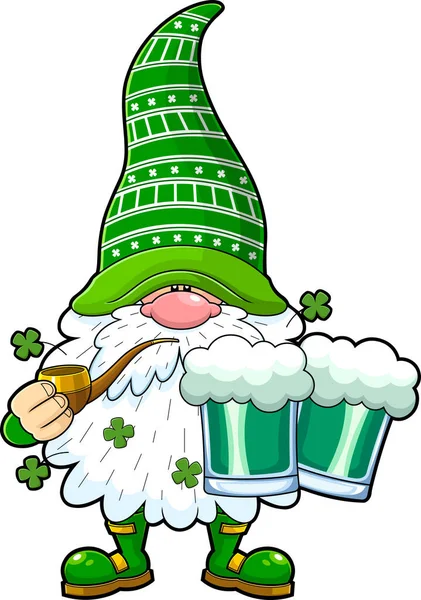 Patrick Day Gnome Cartoon Character Holds Pipe Mug Beer Hand — стоковий вектор