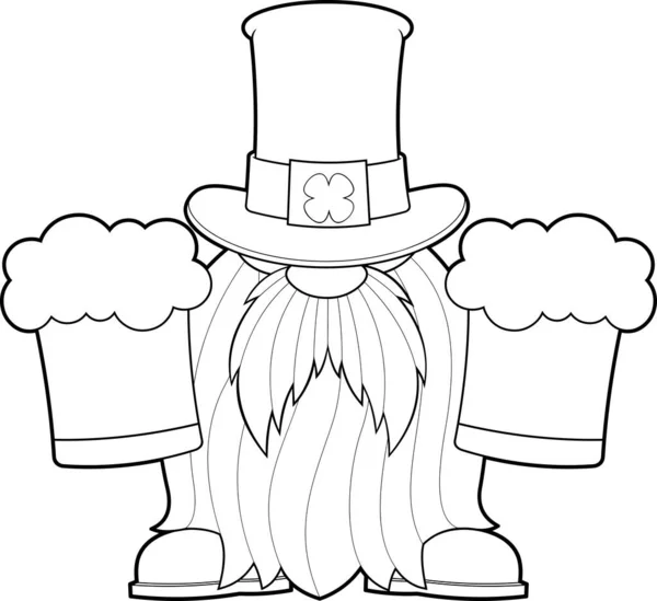Patrick Day Gnome Cartoon Character Holds Mugs Beers Vector Hand — Stockvektor