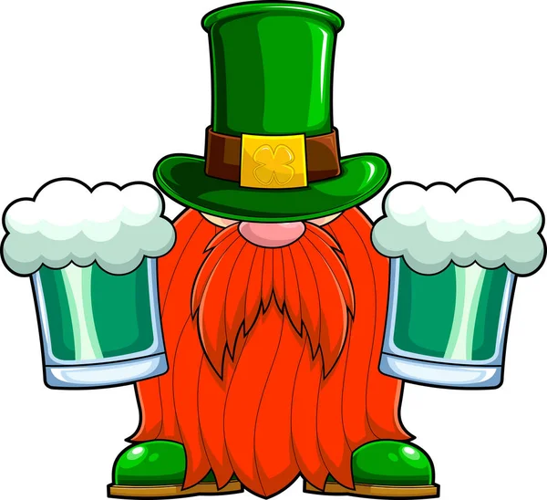 Patrick Day Gnome Cartoon Character Holds Mugs Beers Vector Hand — Vettoriale Stock