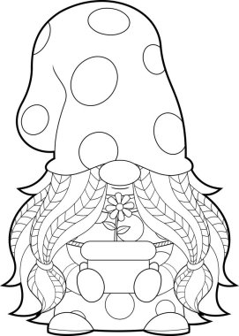 Outlined Cute Female Gnome Cartoon Character Holding A Flower Pot. Vector Hand Drawn Illustration Isolated On Transparent Background