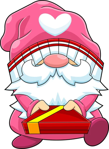 Cute Gnome Lover Cartoon Character Holding Gift Box Vector Hand — Stock Vector