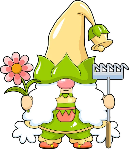 Cute Female Gnome Cartoon Character Flower Holding Garden Rake Vector — Stock Vector