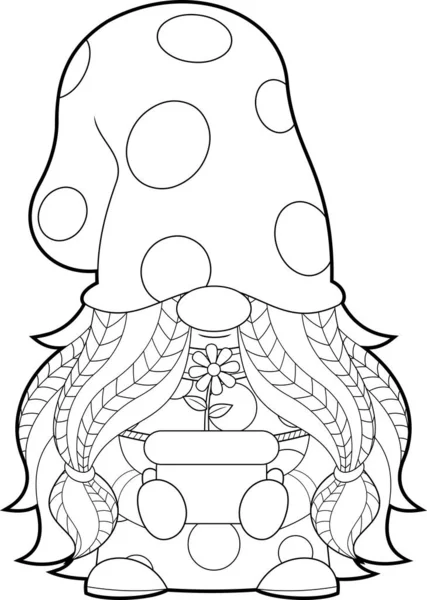 Outlined Cute Female Gnome Cartoon Character Holding A Flower Pot. Vector Hand Drawn Illustration Isolated On Transparent Background