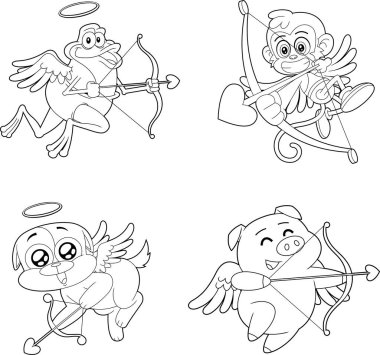 Outlined Cute Animals Cupid Cartoon Characters. Vector Hand Drawn Collection Set Isolated On Transparent Background