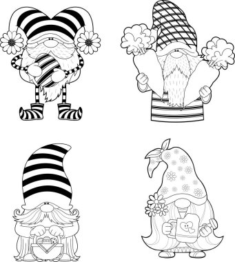 Outlined Cute Spring Gnomes Cartoon Characters In Different Poses. Vector Hand Drawn Collection Set Isolated On Transparent Background