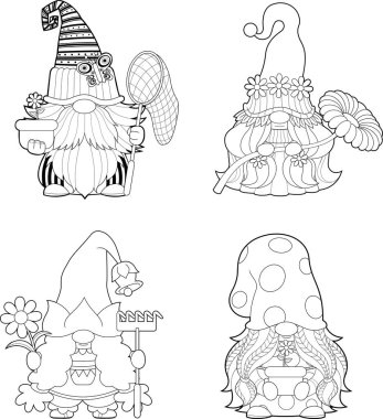 Outlined Cute Spring Gnomes Cartoon Characters In Different Poses. Vector Hand Drawn Collection Set Isolated On Transparent Background