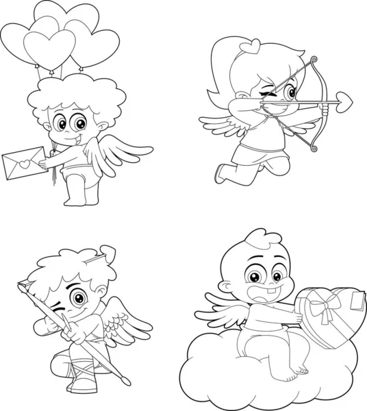 Outlined Cute Cupid Baby Cartoon Character Vector Hand Drawn Collection — Stockový vektor