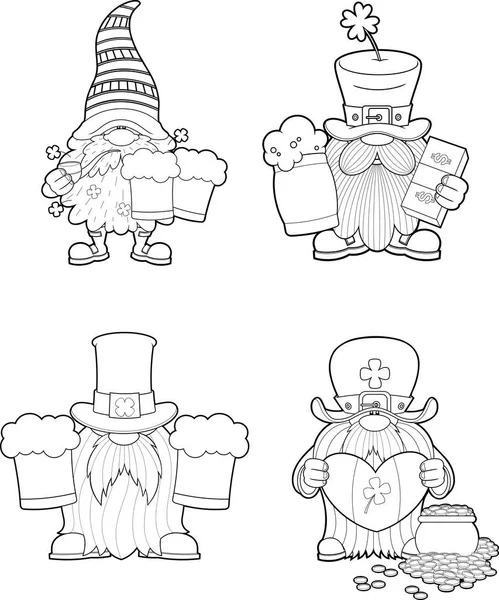 Outlined Patrick Day Gnomes Cartoon Characters Different Poses Vector Hand — Stock Vector
