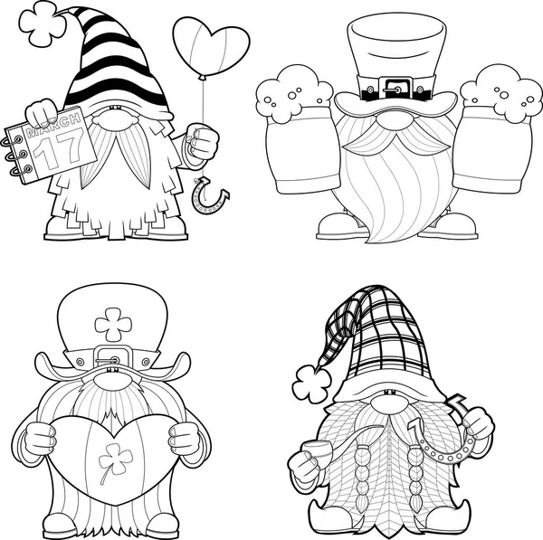 Outlined Patrick Day Gnomes Cartoon Characters Different Poses Vector Hand — Stock Vector
