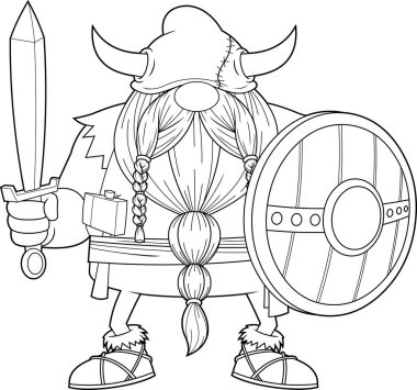 Outlined Angry Gnome Viking Cartoon Character With Sword And Shield. Vector Hand Drawn Illustration Isolated On Transparent Background