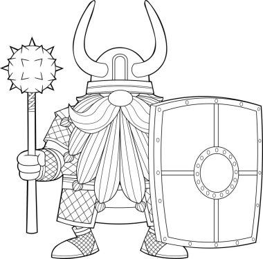 Outlined Gnome Viking Cartoon Character With Mace And Shield. Vector Hand Drawn Illustration Isolated On Transparent Background