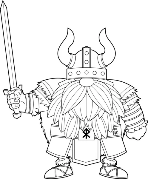 Sakallı Kılıç Tutan Cüce Viking Savaşçısı Mühür Kemerli Siyah Beyaz — Stok Vektör