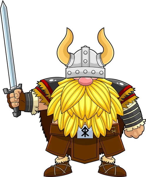 Gnome Viking Guerreiro Com Barba Segurando Espada Cinto Com Runa —  Vetores de Stock