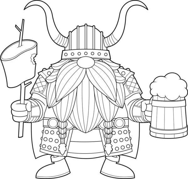 Oude Krijger Scandinavische Viking Met Vlees Bier Drinken — Stockvector
