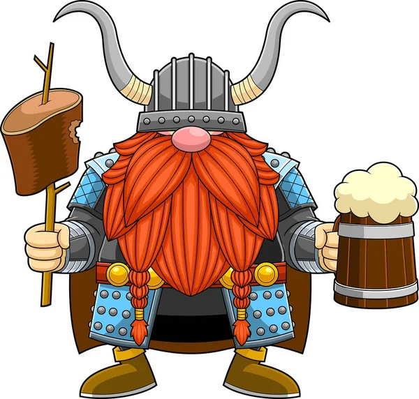 Alter Krieger Skandinavischer Wikinger Mit Fleisch Und Bier — Stockvektor