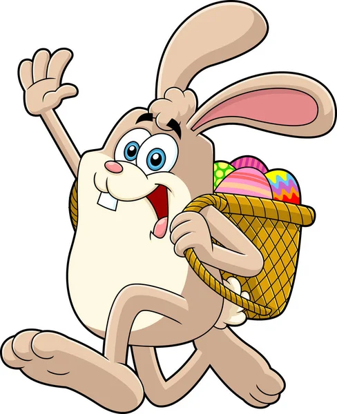 Funny Cartoon Easter Bunny Running Basket Full Eggs — Stock Vector