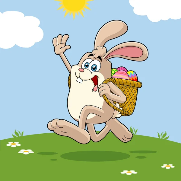 Funny Cartoon Easter Bunny Running Basket Full Eggs — Stock Vector