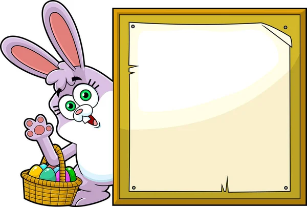 Lindo Conejito Pascua Dibujos Animados Con Cesta Llena Huevos Agitando — Vector de stock