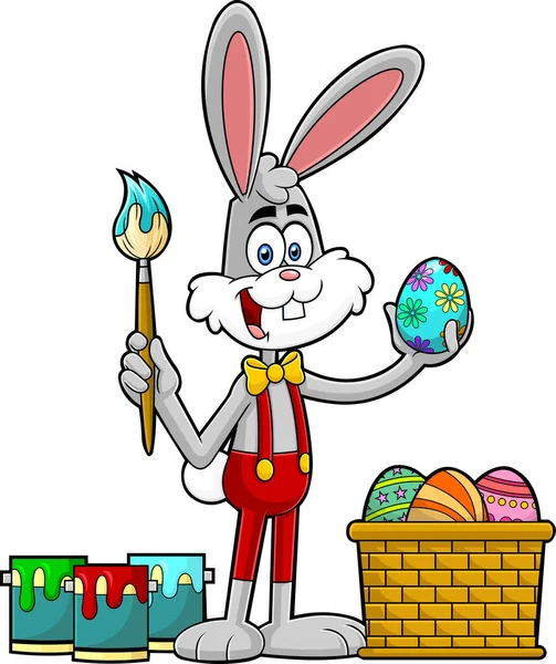 Mutlu Karikatür Paskalya Tavşanı Boya Fırçası Yumurta — Stok Vektör