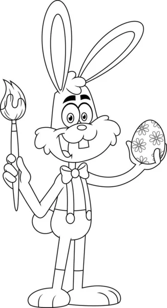 Happy Cartoon Easter Bunny Paint Brush Egg — Stock Vector