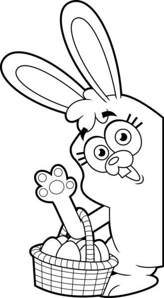 Carino Cartone Animato Coniglietto Pasqua Con Cesto Pieno Uova Agitando — Vettoriale Stock