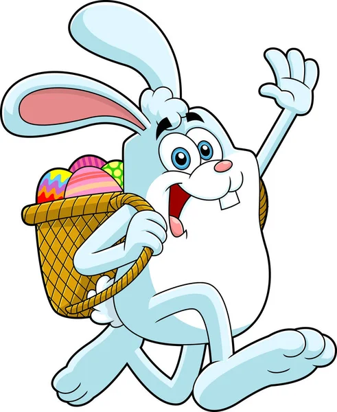 Komik Çizgi Film Paskalya Tavşanı Içi Yumurta Dolu Sepetle Koşuyor — Stok Vektör