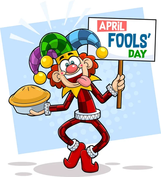 Journée Des Idiots Cray Arlequin Avec Bannière Tarte Dessin Animé — Image vectorielle