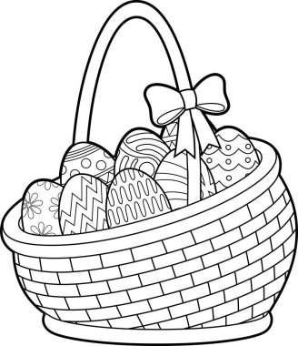 Renkli yumurtalı Paskalya Sepeti. Vektör El Çizimi Görünümü Şeffaf Arkaplanda İzole Edildi