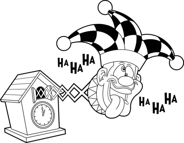 疯疯癫癫的小丑玩具卡通人物退出布谷鸟的时钟 在透明背景下孤立的矢量手绘图解 — 图库矢量图片