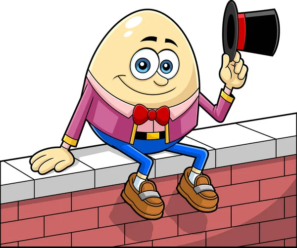 Humpty Dumpty Egg Cartoon Character Sitting Wall Waving Hat Vector — Stock Vector