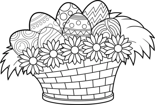 Outlined Cartoon Easter Basket Colored Eggs Flowers Vector Hand Drawn — Stock Vector