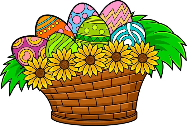 Cartoon Easter Basket Colored Eggs Flowers Vector Hand Drawn Illustration — Stock Vector