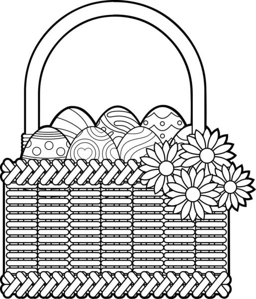 Outlined Cartoon Easter Basket Colored Eggs Flowers Vector Hand Drawn — Stock Vector