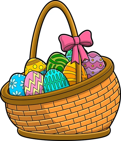 Cartoon Easter Basket Colored Eggs Vector Hand Drawn Illustration Isolated — Stock Vector