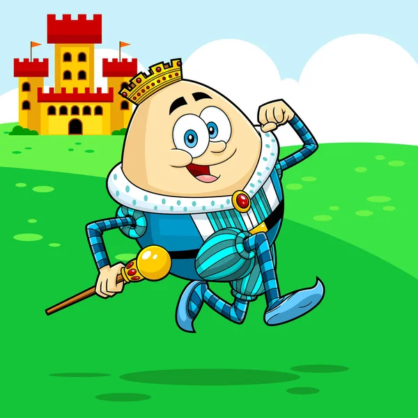 快乐的国王蛋卡通角色跑 带城堡景观背景的矢量手绘画图 — 图库矢量图片