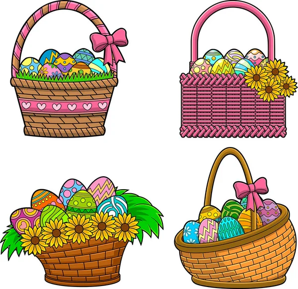 Cartoon Easter Basket Colored Eggs Vector Hand Drawn Collection Set — Stock Vector