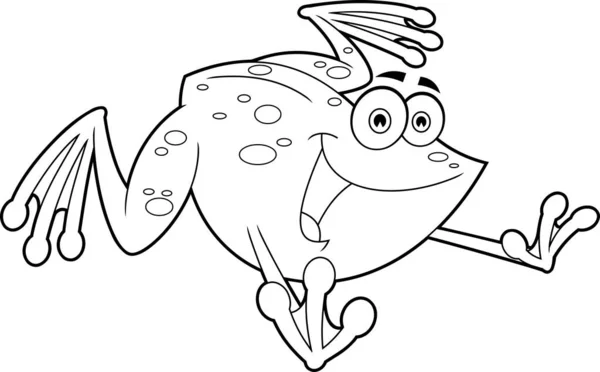 Delineado Lindo Rana Dibujos Animados Carácter Mascota Saltando Ilustración Dibujada — Vector de stock