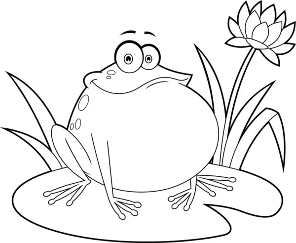 Umrissene Lächelnde Froschzeichentrickfigur Die Auf Einem Blatt Sitzt Vector Hand — Stockvektor