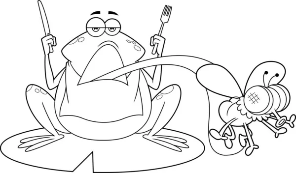 Obrysy Frog Cartoon Character Leaf Catching Fly Vektorové Ručně Kreslené — Stockový vektor