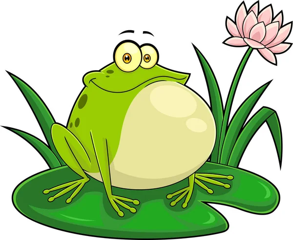 Smiling Frog Cartoon Figur Die Auf Einem Blatt Sitzt Vector — Stockvektor