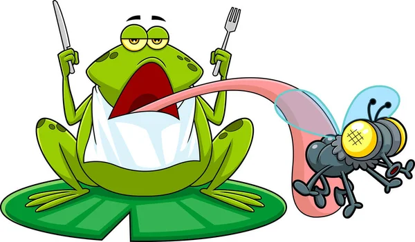 Frosch Cartoon Figur Auf Einem Blatt Fangen Fliege Vector Hand — Stockvektor