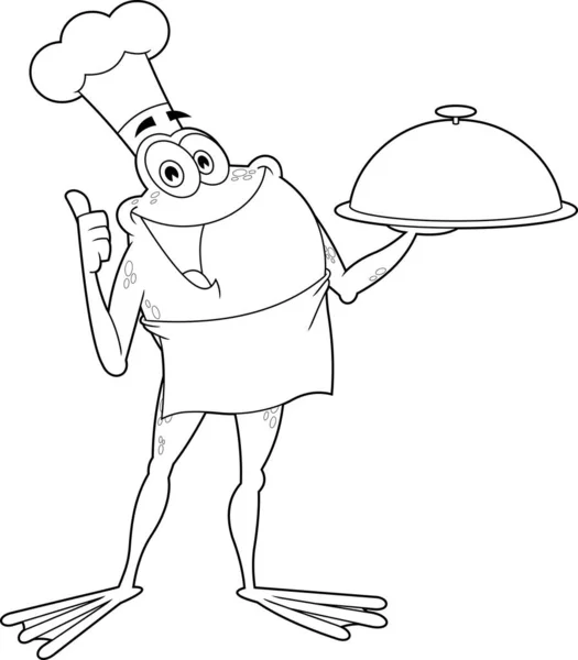 Outlined Frog Chef Cartoon Character Holding Sliver Platter Giving Thumbs — Stockvector