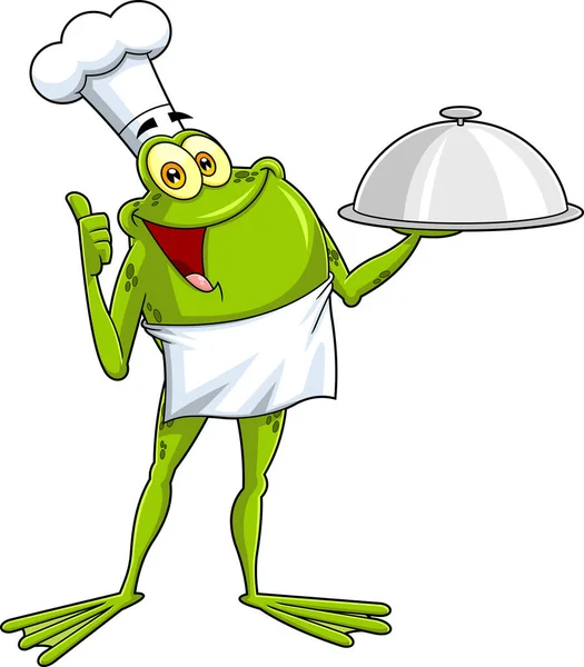 Frog Chef Cartoon Character Håller Leverplatta Och Upp Tummen Vektor — Stock vektor