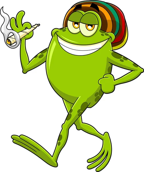 笑青蛙卡通人物走路和吸烟A关节 在透明背景下孤立的矢量手绘图解 — 图库矢量图片