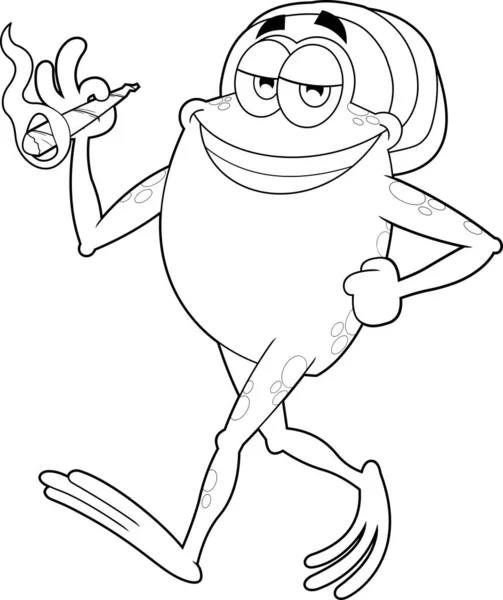 Skizziert Smiling Frog Cartoon Charakter Gehen Und Rauchen Eines Joint — Stockvektor