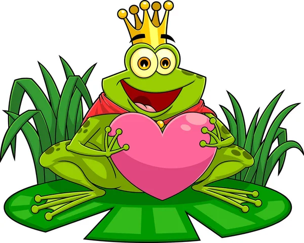 Frog Prince Gold Crown Cartoon Character Holding Love Heart 외부의 — 스톡 벡터