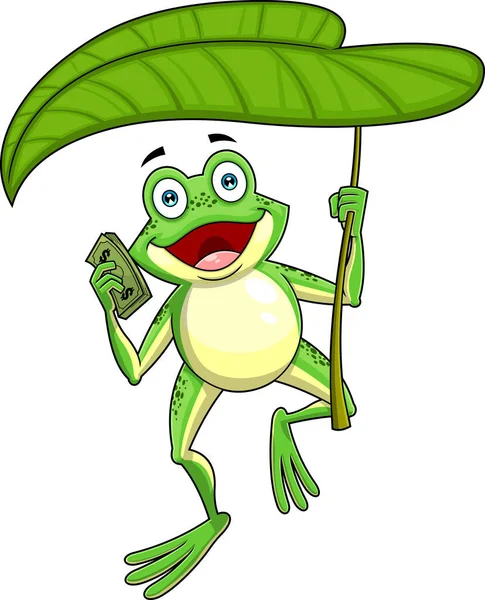 可爱的绿色青蛙卡通人物持有一个叶伞和一筐美元 在透明背景下孤立的矢量手绘图解 — 图库矢量图片